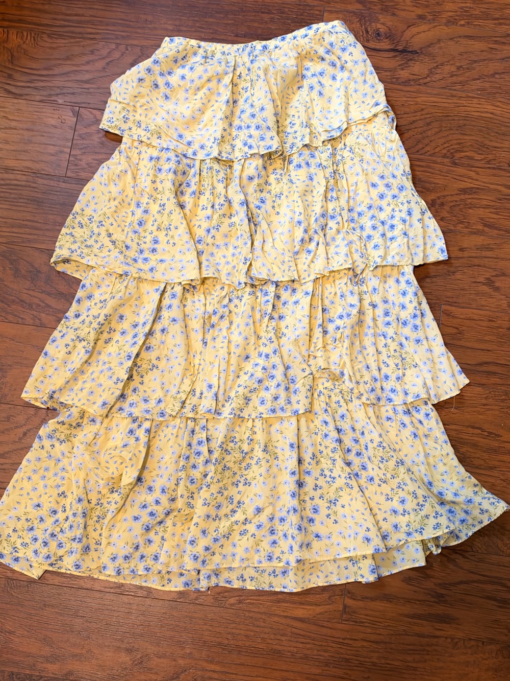 Abercrombie & Fitch Yellow Floral Tiered Maxi Skirt with Blue Prints